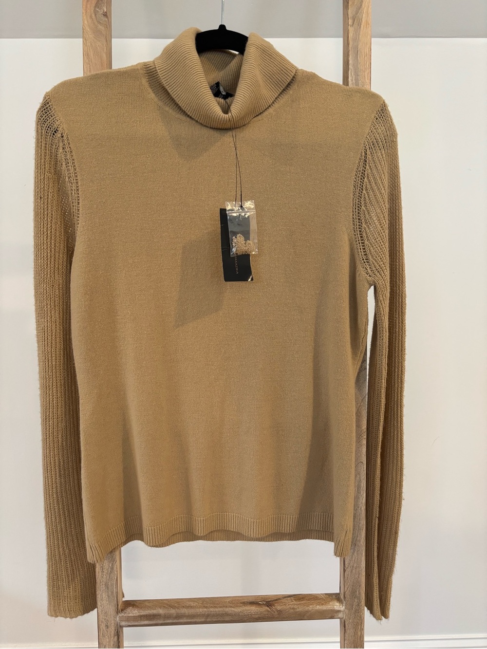 BCBGMaxAzria Camel Rib-Sleeve Turtleneck Sweater